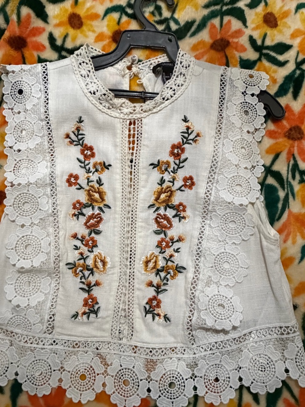 Forever 21 Cream Crochet Lace Camisole with Rust and Mustard Floral Embroidery